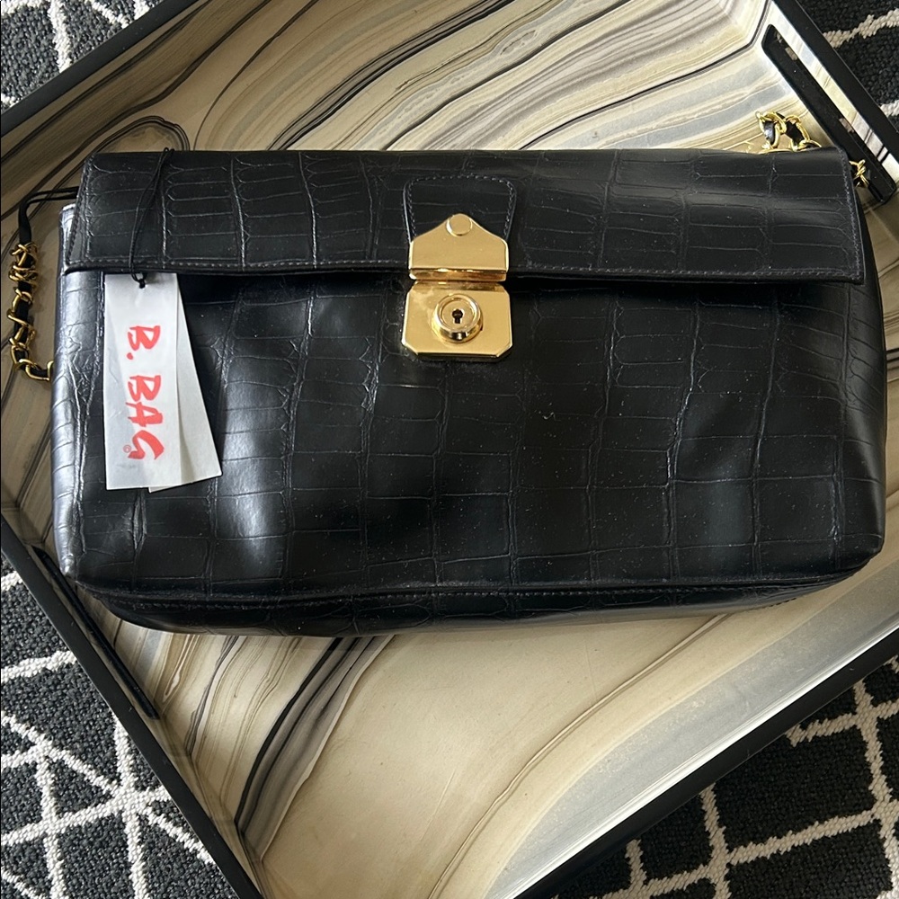 Black Croc-Embossed Leather Shoulder Bag with Gold Lock